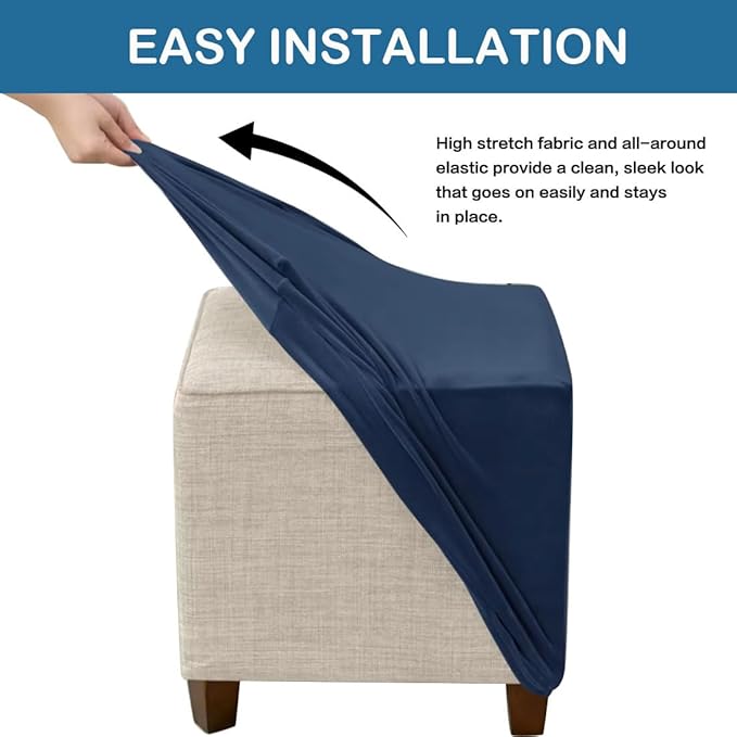 Ottoman Cover Square Velvet Ottoman Covers Protector for Footrest Foot Stool Furniture Stretch Comfortable with Elastic Bottom Small Navy