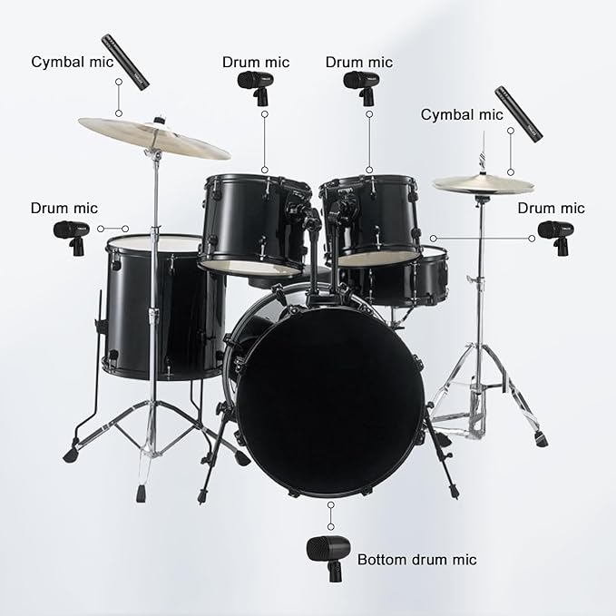 Drum Mic Kit, 7-Piece Wired Dynamic Drum Microphone Set with Carry Case,Thread Clip & Mics Holder, Full Metal Bass/Tom/Snare/Hi-hat Cymbals Mics for Instrument Recording & Music Production