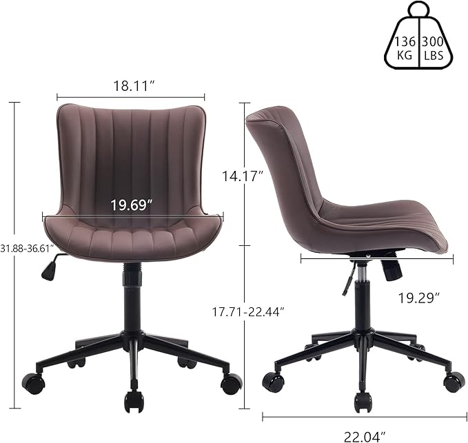 YOUNIKE Brown Ergonomic Home Office Desk Chair with Wheels Comfy Armless Vanity Chair with Back Modern Leather Upholstered Rolling Task Chair Small Cute Computer Drafting Chair Wide Swivel Adjustable