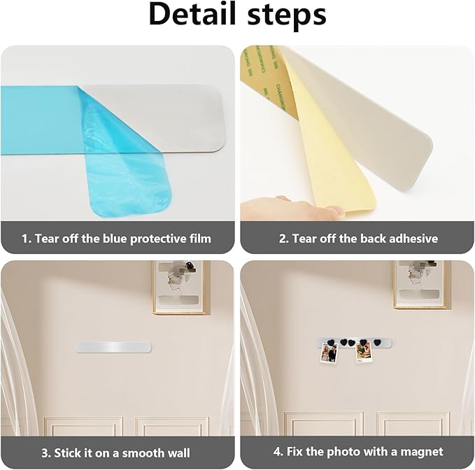 Magnetic Board for Wall, 2Pcs Stainless Iron Magnetic Strips with Adhesive Backing, Magnet Bulletin Board for Wall, Small Memo Board with 10 Black Heart Magnets for Home, Kitchen, Classroom,DIY