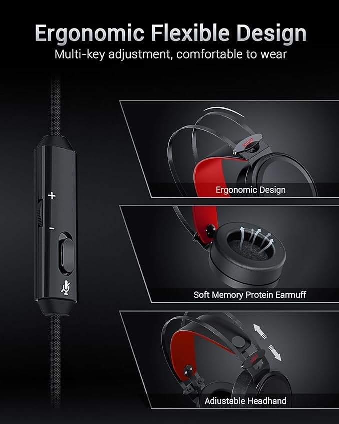 NUBWO Gaming headsets PS4 N7 Stereo Xbox Headset Wired PC Gaming Headphones with Noise Canceling Mic, Over Ear Gaming Headphones for PC/MAC/PS4/PS5/NS/Xbox 1 (Adapter Not Included) -Red