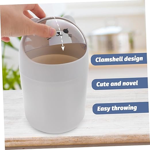 Alipis Cute Cartoon Bear Desktop Trash Can Lid Mini Waste Bin for Bedroom and Office Slim Plastic Garbage Container