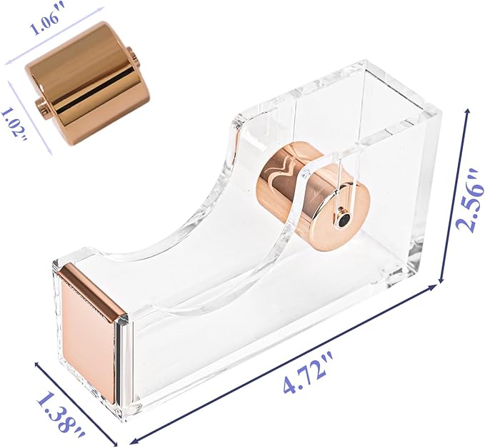 Gold Tape Dispenser, Clear Acrylic Desk Tape dispensers with Serrated Metal Edge, Modern Aesthetic Office & Craft Tape Organizer for Gift Wrapping, 1 Inch Core, Non-Slip Weighted Base