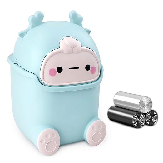 Cute Desktop Trash Can Wastebasket with 90 Trash Bags, Creative Tiny Countertop Garbage Can with Flip Lid, Small Plastic Storage Bin for Bedroom, Bathroom, Kitchen, Office(Sky Blue)