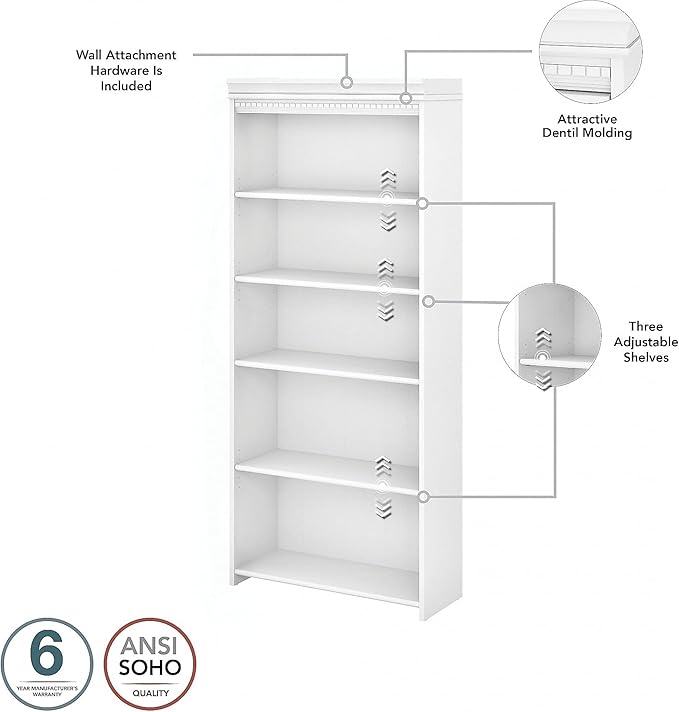 Bush Furniture Fairview 60W L Shaped Desk with Hutch, Lateral File Cabinet and 5 Shelf Bookcase in Pure White and Shiplap Gray