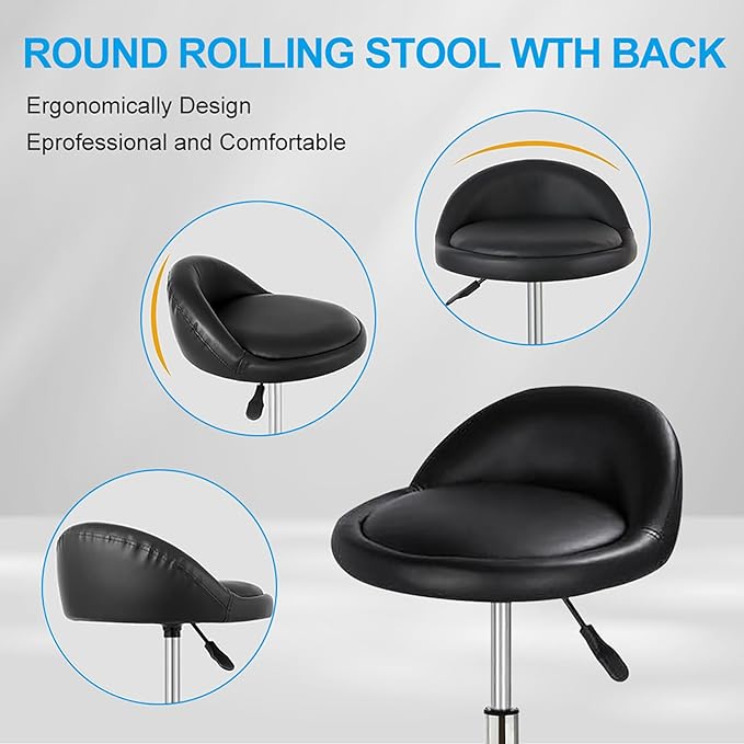 Autdor Rolling Stool Salon Stool Chair with Backrest Height Adjustable Beauty Rollings Stools with Wheels PU Leather Swivel Stools for Office Drafting Work Tattoo Makeup Facial Spa Manicure Massage