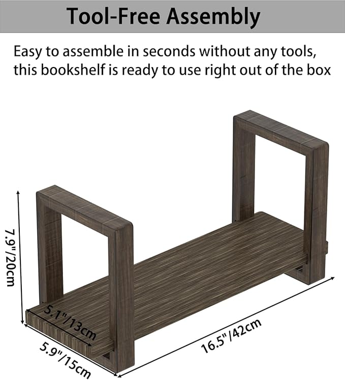 100% Solid Wood Adjustable Desktop Bookshelf, Retro Tabletop Bookshelf, Desk Shelf for Living Room, Home, Office, Perfect for Magazine, Books, Cookbooks, No Tools Required to Assemble, Dark Brown