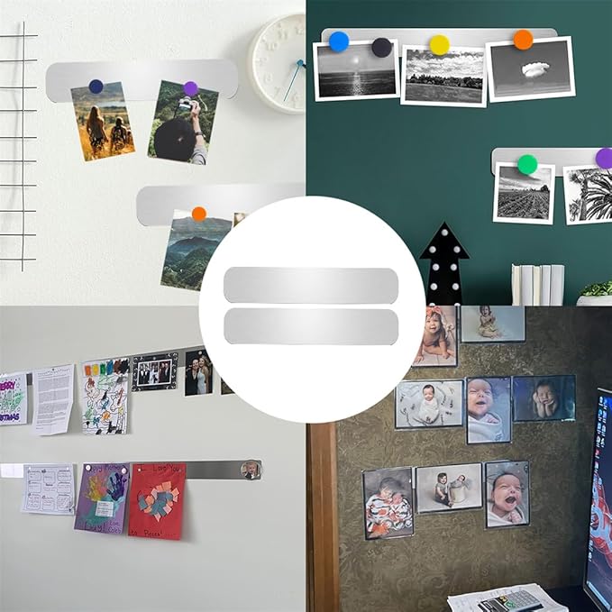 Stainless Iron Strips Bulletin Bar Board Adhesive Frameless Magnetic Bulletin Bar Strip with 10 Pieces Colorful Magnets and 8 Pcs Adhesive Tape, Memo Strip for School Office 2Pcs