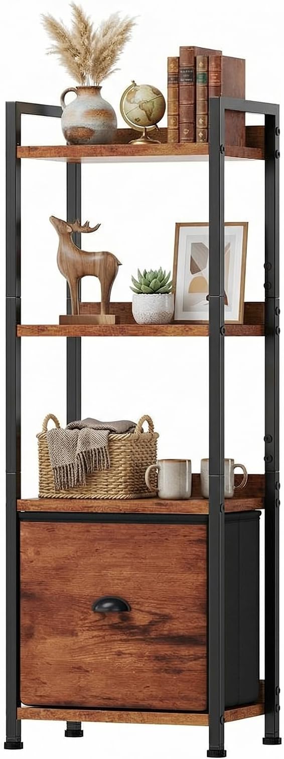 Sweetcrispy 4-Tier Bookshelf with Fabric Drawer, Wood-Metal Standing Display Shelf, Multi-Functional Organizer for Books, CDs and Movies, Suitable for Bedroom, Living Room, Brown