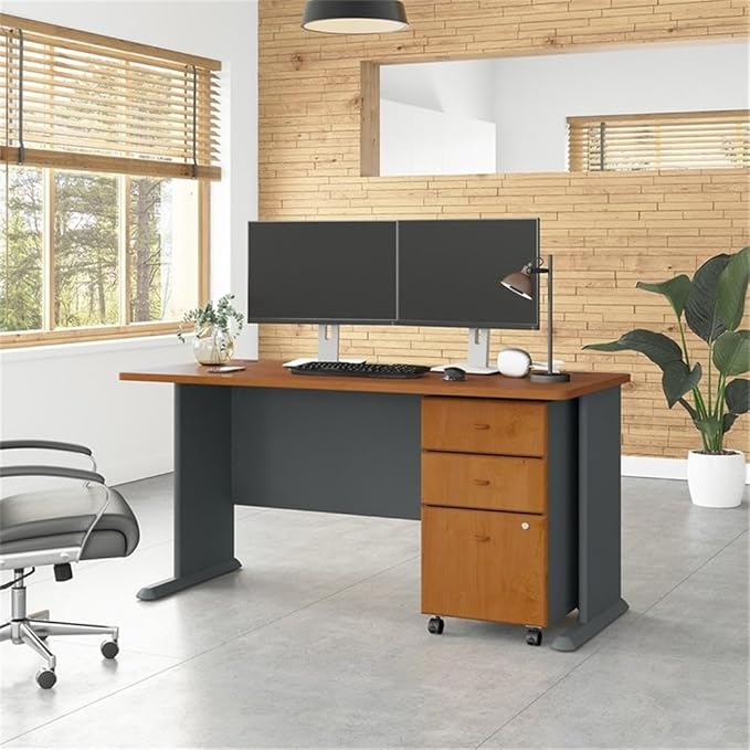 Bush Business Furniture Series A 60W Desk with Mobile File Cabinet in Natural Cherry and Slate
