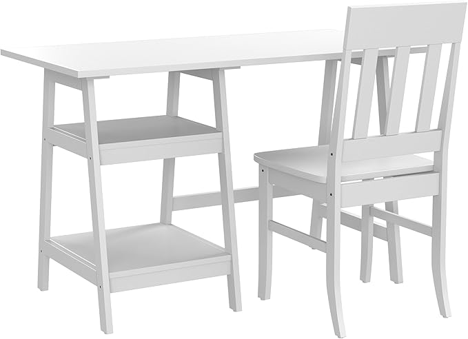 24/7 Shop at Home Myrrh Cottage 2-Piece Wood Storage Writing Desk with 2 Shelves and Chair Set for Workstation, Home Office, Study Room, White