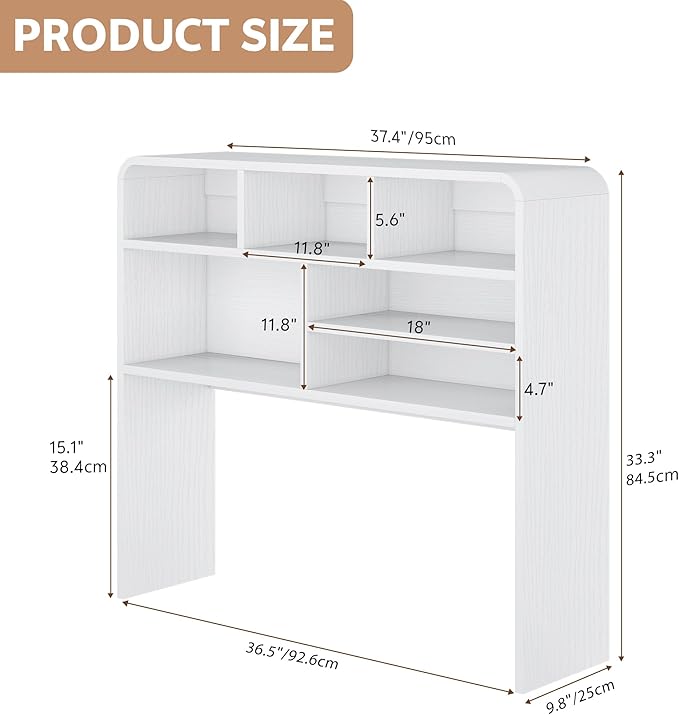 5-Tier Desk Shelf, 37.4''W Desktop Bookshelf for Computer Monitor, Desktop Organizer Shelf Storage Rack with 6 Cubbies, 5-Level Desk Hutch Display Rack for Home, Office, Dorm, Vanity, White