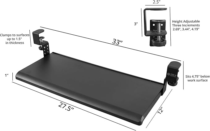 Stand Up Desk Store Large Clamp-On Retractable Adjustable Height Under Desk Keyboard Tray | for Desks Up to 1.5" (Large, 33" Wide)