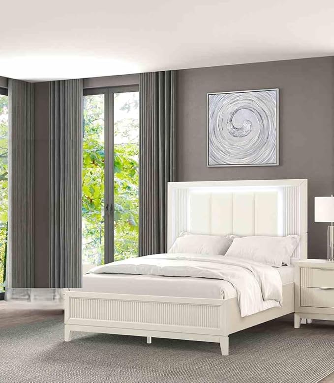 GOWE Antique White 3pc Bedroom Set Queen Size Bed 2X Nightstands LED Headboard Bedroom Furniture Transitional Style Antique White Color Fabric, Foam, Solid Wood, Birch Veneer