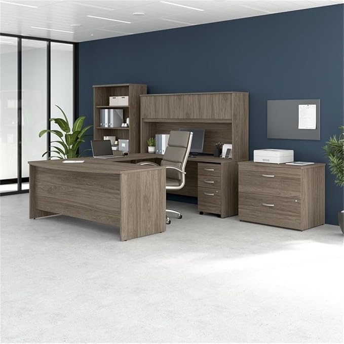 BOWERY HILL U-Shaped Engineered Wood Office Desk with Hutch, 72W x 36D Bow Front, Modern Hickory Finish, Storage Cabinet, 5 Shelf Bookcase, Lockable File Drawers, Professional Workspace Furniture