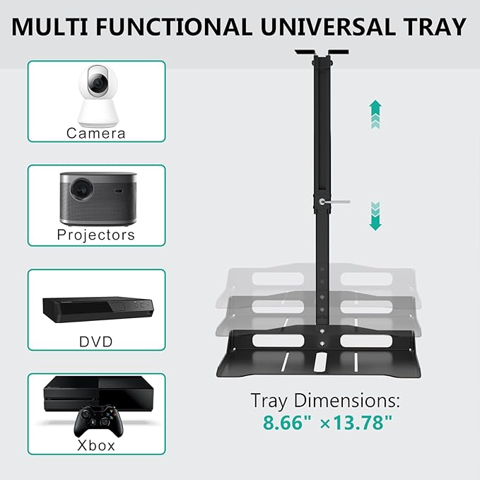 WALI Projector Ceiling Mount Tray, Height Adjustable Wall Mount Holder for Projectors, Hidden Cable Management, Fits Projectors up to 22lbs, 13.7" x 8.6" Platform, Black (PM-005-B)