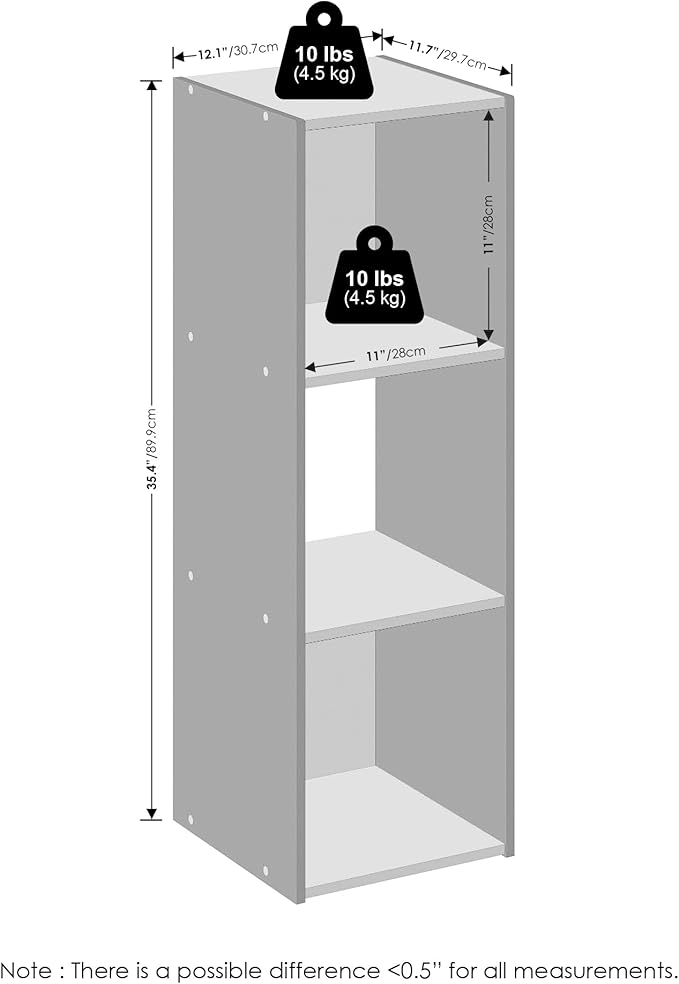 Furinno PELLI Book Shelf, 3-Cube Bookshelf, Cube Storage Organizer Bookcase, 11.7 x 12.1 x 35.4, for Living Room, Bedroom, Home Office, White