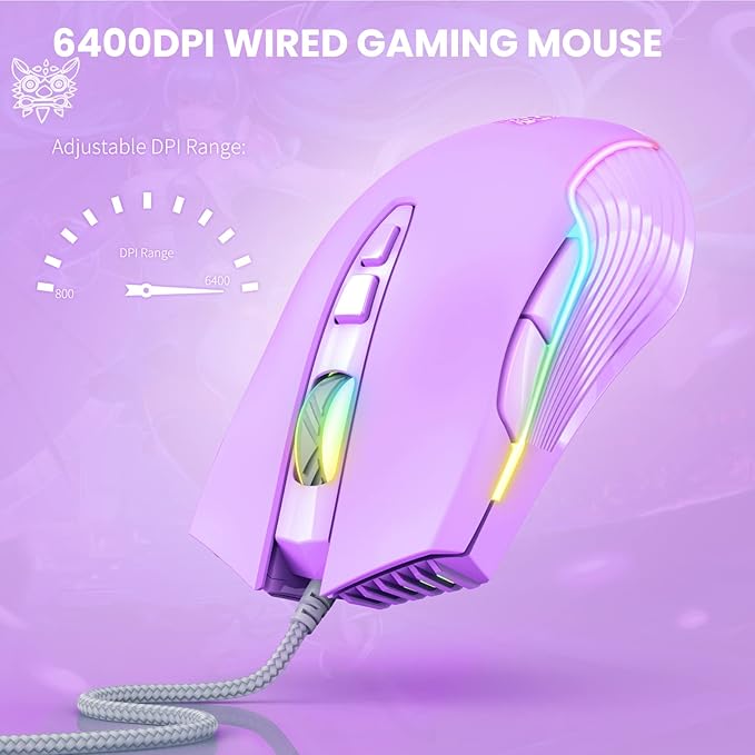 Cute RGB 6400 DPI Wired Gaming Mouse Breathing LED Optical USB 7 Buttons Gamer Computer Pink Mice for Laptop PC Desktop (Purple)
