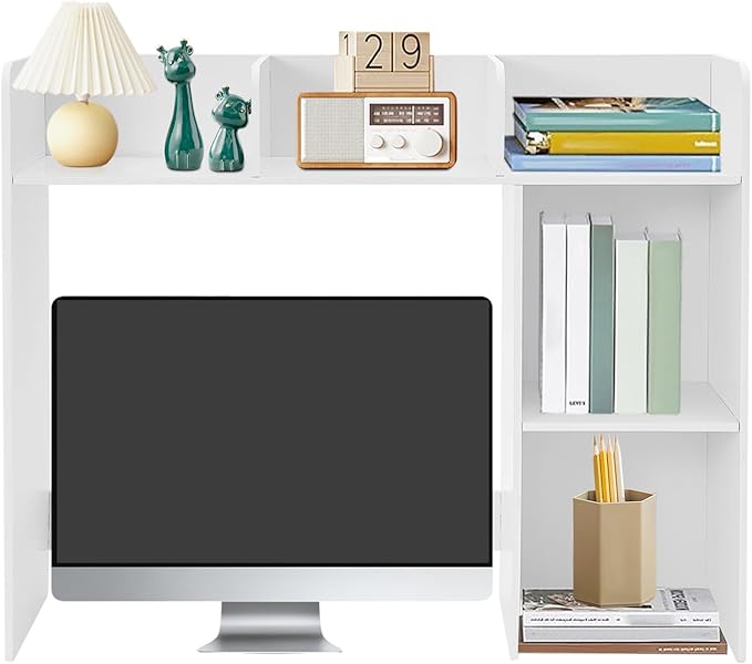 Desk Hutch with 6 Shelves Desktop Bookshelf Multi-Functional Desktop Organizer 3 Tire Desk Storage Shelf for Home Office (White)