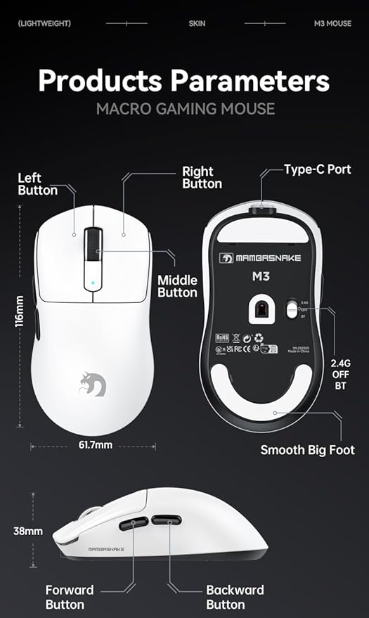 MAMBASNAKE M3 Wireless Gaming Mouse with Lightweight 39g,PixArt PAW3395 PRO Sensor 40K DPI,Tri Mode-2.4G/Bluetooth/Wired,100M Clicks Micro Switch,Coiled Cable,Programmable for Win PC Mac Gamer(Black)