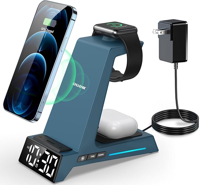 ANJANK Wireless Charging Station for Multiple Devices Apple, 3 in 1 Wireless Charger Stand with Alarm Clock, Charging Dock for iPhone 16/15/14/13/12/11/Pro/Max/XR/XS/8 Plus/iWatch/AirPod