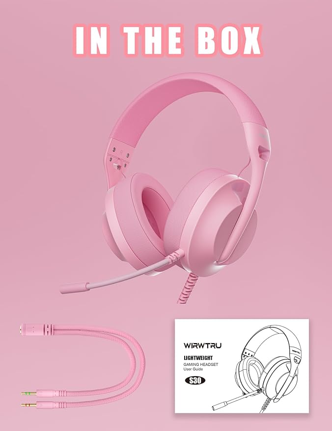 WIRWTRU S30 Gaming Headset with Microphone,198g Lightweight Design, Wired Gaming Headphones for Xbox, Xbox Series X|S, PS5, PS4, Switch, PC, Noise Cancelling Mic, Soft Earmuffs (Pink)