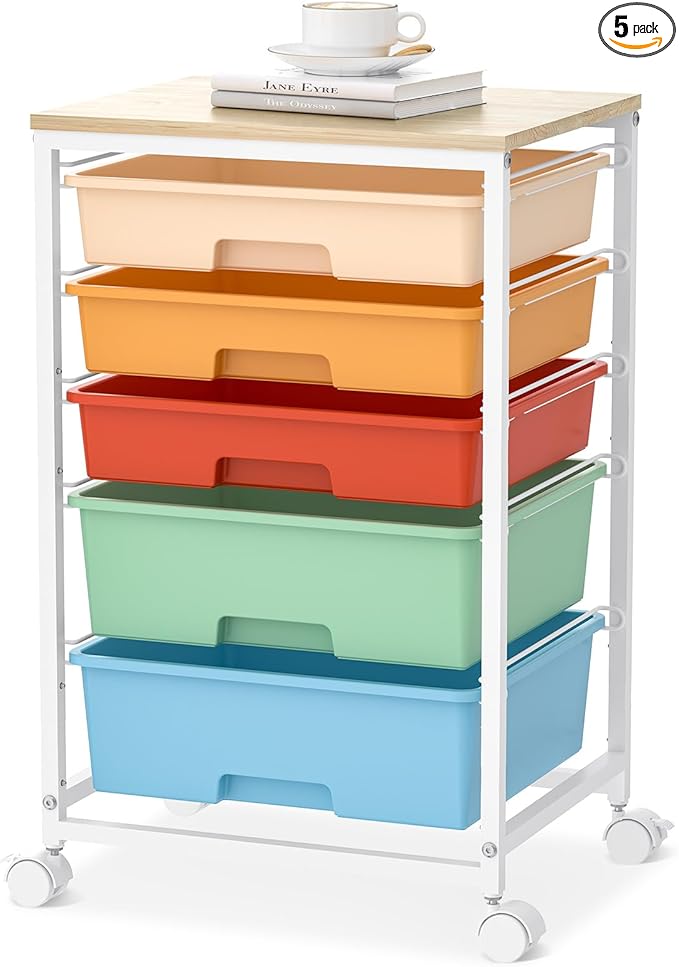 SYKIARIOL Utility Cart with 5 Drawers,Storage Cart with Wooden Tabletop and Lockable Wheels,Craft Storage Trolley Organizer,5-Tier Rolling Utility on Wheels,Macaron