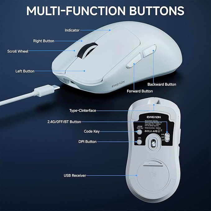 SEUNKWANG EWEAND X23 Pro Wireless Gaming Mouse, Tri-Mode 2.4G/USB-C/BT Mouse, PAW3311 Sensor, 12000 DPI, 59g Lightweight, 1ms Response, Computer Mouse with Anti-Slip Grip Tape for Laptop/PC/Mac-White