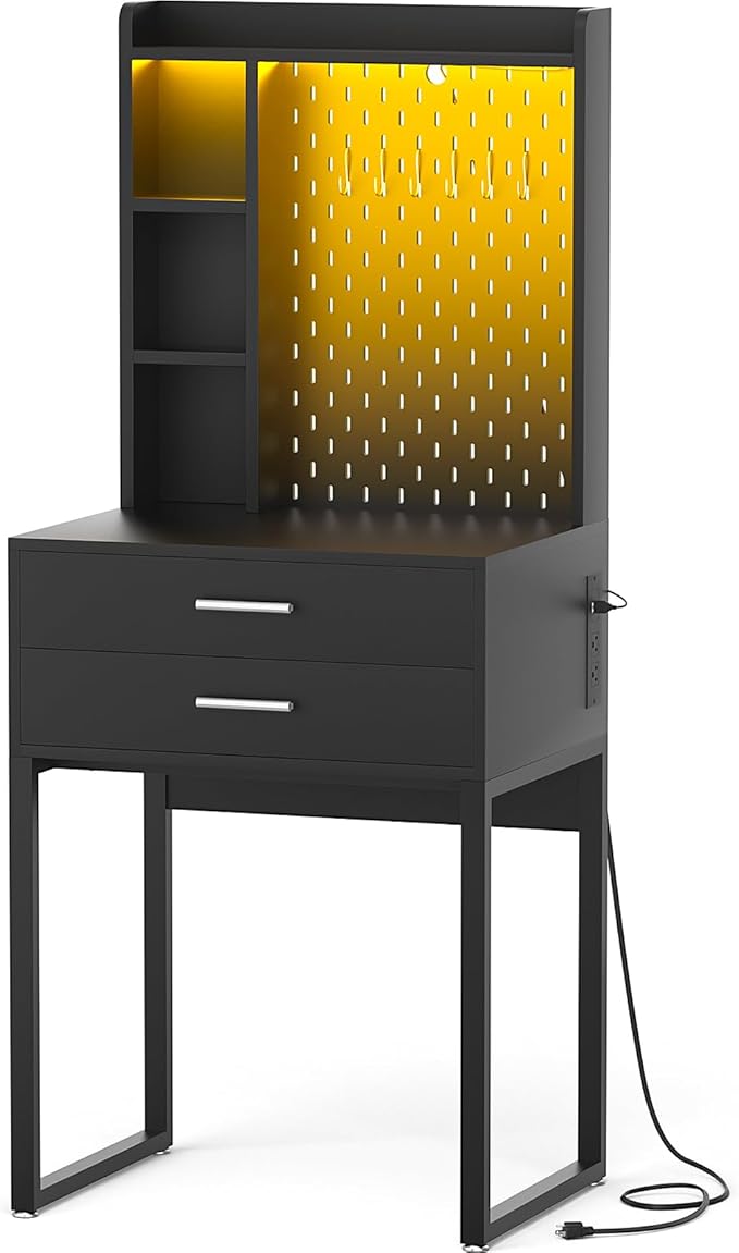 Besiost Small Vanity Desk with Hutch and Drawers, Black Makeup Vanity Desk with Charging Station, Vanity Table Dressing Table with LED Lights, Vanity Desk No Mirror with Pegboard for Girls Women, 24"