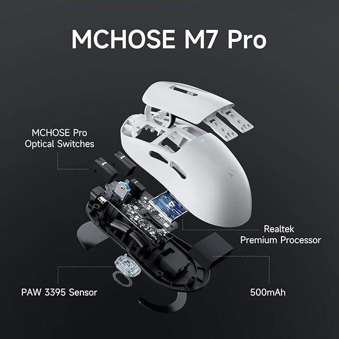 MCHOSE M7 Pro Wireless Gaming Mouse, 8K Polling, 55g Lightweight Ergonomic Computer Mouse PAW3395 Optical Sensor 650 IPS, 26000 DPI, 6 Programmable Controls USB-C 3-Modes PC/Mac White
