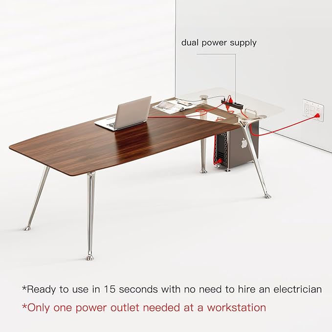 71-Inch Executive Desk, Computer Office Desk Workstation with Chrome-Plated Legs and Built-in Power Outlet, Writing Table Business Furniture, Modern Minimalist Style for Home Office, Walnut Brown