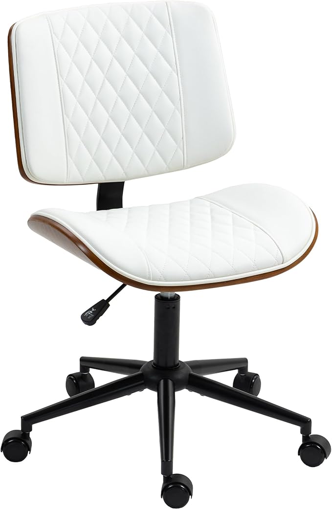 HOMCOM Home Office Chair No Arms with Wheels, PU Leather Mid Back Small Desk Chair with Adjustable Height, 360 Degree Swivel for Office, Reading, Meeting Room, White