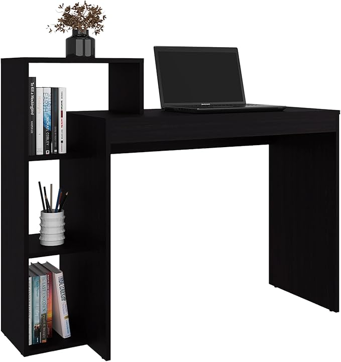 Wenge Open Storage Computer Desk Integrated side shelving includes three open compartments for books, decorative accents, plants, and office supplies like notebooks and pens for easy organization Du