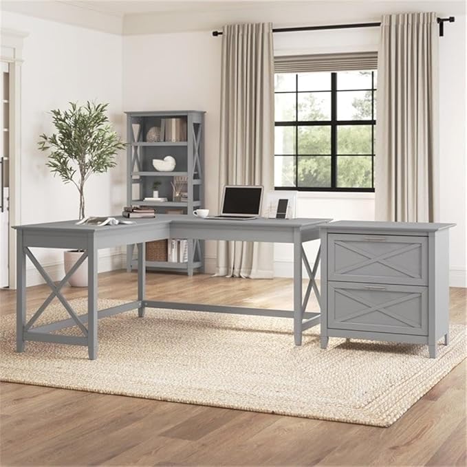 Pemberly Row 60W L Shaped Desk with Lateral File Cabinet, Engineered Wood, Cape Cod Gray Finish, 2 Drawers, Farmhouse Style Home Office Workstation with Storage