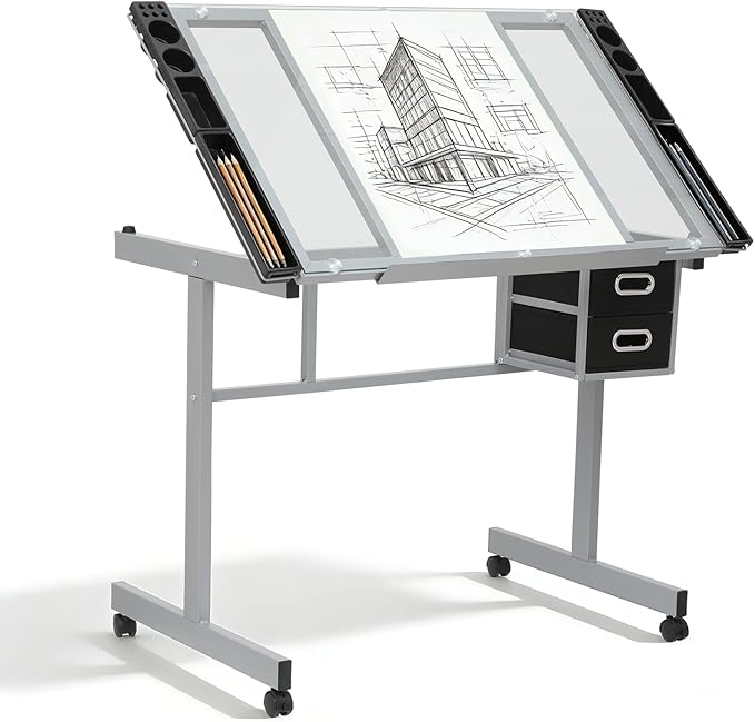 Magshion Professional Drafting Table for Adults Teens, Tilting Glass Tabletop Art Craft Desk Diamond Watercolor Paintings Sketching Work Station for Home Office Reading, Writing, Crafting (Clear)
