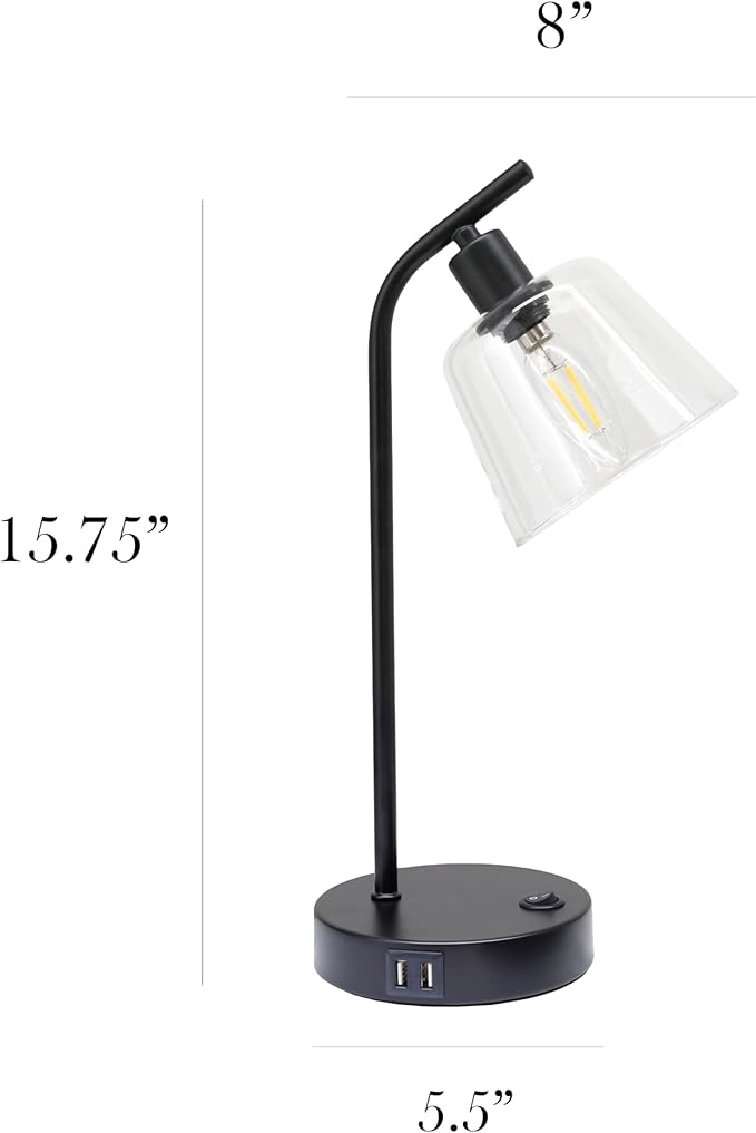 Simple Designs LD1074-BLK 15.75" Sleek Essentials Modern Industrial Metal Desk Lamp with Clear Glass Shade and Dual USB Ports, for Office, Desk, Nightstand, Dorm, Black