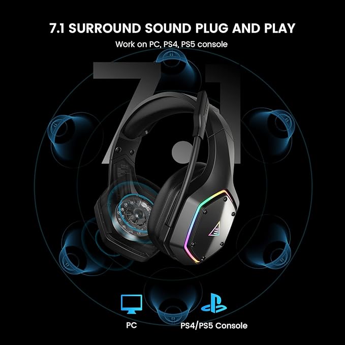 EKSA Wireless Gaming Headset for PS4 PS5 PC, 7.1 Surround Sound Headset with Mic ENC & RGB Light, 36 Hour Battery, 2.4G USB Gaming Headphones for Computer, Laptop, 3.5mm Jack