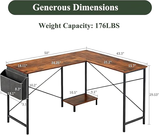 L Shaped Desk, 50 Inch Reversible Computer Desk Corner Gaming Table with CPU Stand & Storage Bag, Sturdy Metal Frame PC Workstation for Home Office, Brown Wood