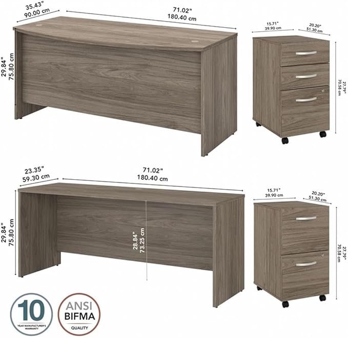 BOWERY HILL Office Desk Set, 72W Bow Front Desk, 72W Credenza, Engineered Wood, Modern Hickory Finish, Mobile File Cabinets with Full-Extension Drawers, Durable Workspace for Home Office Use