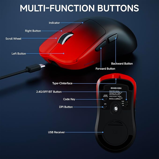 EWEAND X23 Pro Gaming Mouse, Tri-Mode 2.4G/USB-C/BT 5.4 Wireless Mouse, PAW3311 Sensor,12000 DPI, 59g Lightweight, Zero Delay, Ergonomic Computer Mouse with Anti-Slip Grip Tape for Laptop/PC/Mac-Red