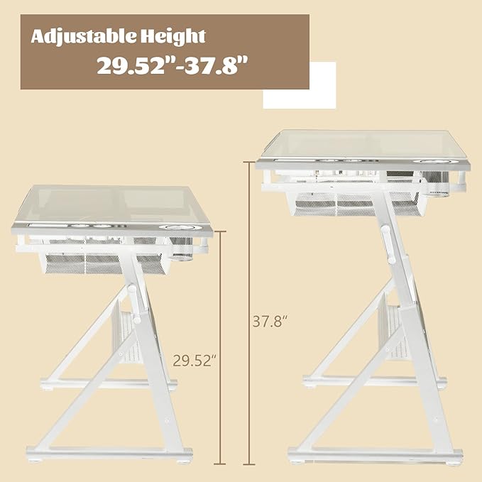 Drafting Table Desk w/Stool, Painting Table Art Craft Desk Crafting Table with Tilting Tempered Glass Top, 2 Storage Drawers, Upgraded Hand Crank Height Adjustable (White)