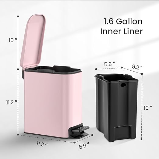 Cesun Slim Step-On Stainless Steel Desk Wastebasket – Pink (1.6 Gal)