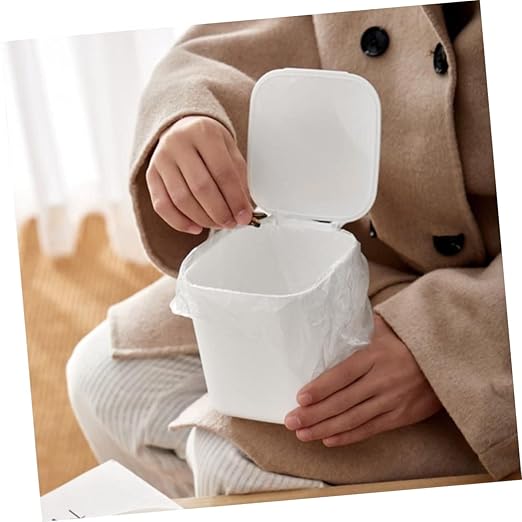 Slim White Kitchen Garbage Can Small Trash Can Lid Desktop Rubbish Storage Bin