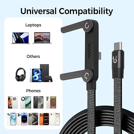 240W Braided Fast Charge Cable With Built-in Phone Stand, 2026 New T-Shaped Foldable Durable USB-C Cord, 90 Degree USB C Cable Right Angle Multi-Functional Charger Cord, Type-C to Type-C (1Pcs)