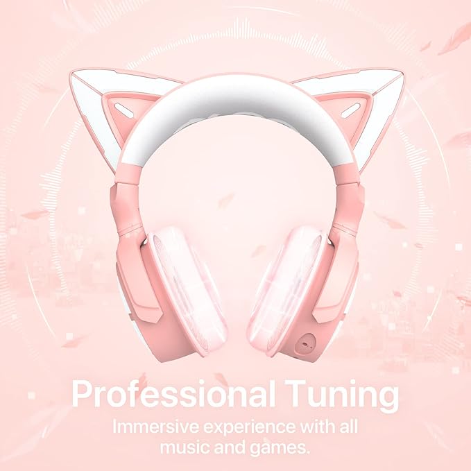 YOWU RGB Cat Ear Headphone 4, Upgraded Wireless & Wired Gaming Headset with Attachable HD Microphone -Active Noise Reduction, Dual-Channel Stereo & Customizable Lighting and Effect via APP (Pink)