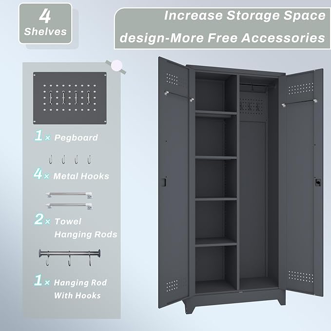 IRONFFICE Metal Utility Cabinet,Broom Closet Storage Cabinet with Hanging Rod,72" H Tall Storage Cabinets with 2 Doors and 4 Adjustable Shelves,Locking Storage Locker for Garage,Laundry Room,Grey
