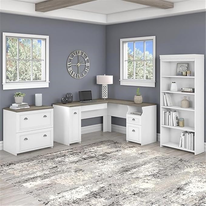 Pemberly Row 60W L Shaped Desk with Storage, Lateral File Cabinet & 5 Shelf Bookcase, Engineered Wood, Pure White with Shiplap Gray Finish, Modern Farmhouse Style Home Office Furniture Set