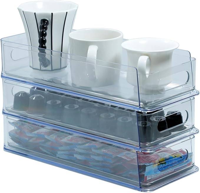 3 Tier Desk Drawer for Corner, Plastic Storage Organizer for Coffee Station, Under Sink, Bathroom Countertop and Kitchen Cabinet, Clear Stackable Pull Out Container, Short