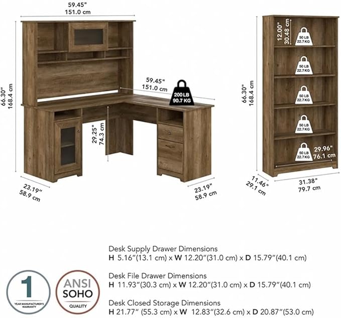 UrbanPro Engineered Wood L Shaped Desk with Hutch and 5 Shelf Bookcase, Reclaimed Pine Finish, 60W Corner Office Desk Set with Storage Cabinet, Adjustable Shelves, File Drawer, Wire Management