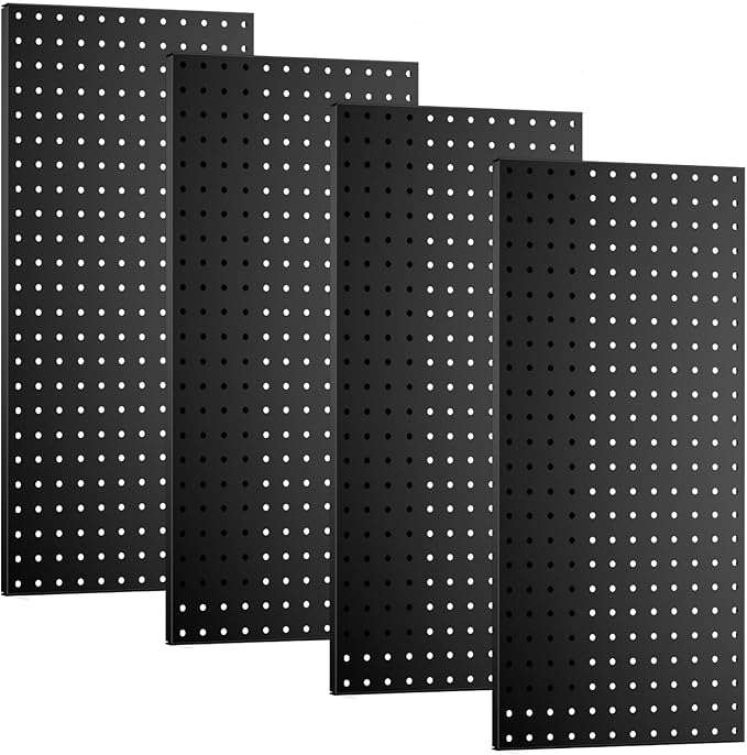 Garage Pegboard Organizer - 4-Pack 24" x 12" Black Heavy-Duty Metal Pegboard Panels, High-Capacity Wall Mount Peg Board for Tool Storage, Workshop, Kitchen, Garage & Office Organization